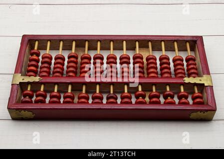 Chinese Abacus. Math calculation tool. Ancient calculator. Stock Photo