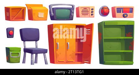 Secret underground bunker room cartoon interior set. Nuclear bomb survival station equipment collection in basement for defense. Emergency headquarters indoor icon with television, button and locker Stock Vector
