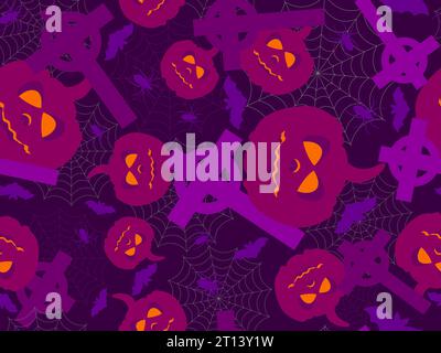 Halloween seamless pattern with Christian crosses, pumpkins, spiders and bats. Happy Halloween October 31st, Jack-O-Lantern. Design for wallpaper, ban Stock Vector