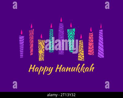 Happy Hanukkah. Nine Hanukkah candles are the symbol of the Jewish holiday. Colorful candles with a pattern on a violet background. Design for greetin Stock Vector