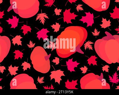 Seamless pattern with autumn leaves and pumpkins. Autumn background with pumpkins and maple leaves. Design of banners, wrapping paper and promotional Stock Vector