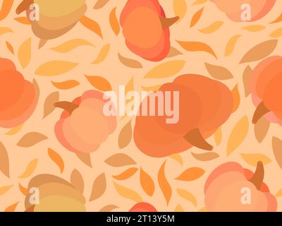 Autumn leaves and pumpkins seamless pattern. Autumn leaves are yellow, beige and orange. Leaf fall. Design for printing on fabric, paper, posters and Stock Vector