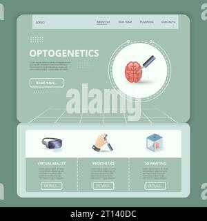 Optogenetics flat landing page website template. Virtual reality, prosthetics, 3d printing. Web banner with header, content and footer. Vector Stock Vector