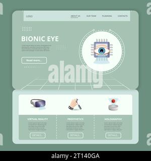 Bionic eye flat landing page website template. Virtual reality, prosthetics, holographic. Web banner with header, content and footer. Vector Stock Vector