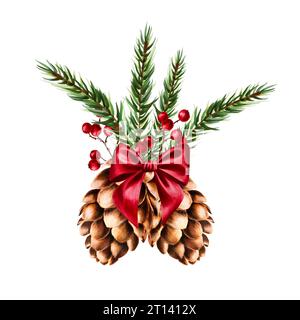 Watercolor hand drawn cone with red satin bow, pine branch and red berries on a branch. New year botanical illustration of pine, spruce, cedar, fir an Stock Photo