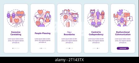 Walkthrough codependent relationship with linear icons Stock Vector