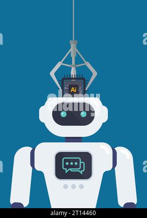 Robot arm put AI processing chip into android head. machine learning and cyber mind domination concept. vector illustration. Stock Vector
