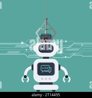 Robot arm put AI processing chip into robot head. machine learning and cyber mind domination concept. vector illustration. Stock Vector