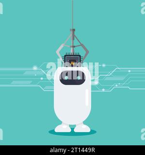 Robot arm put AI processing chip into robot head. machine learning and cyber mind domination concept. vector illustration. Stock Vector