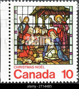 Cancelled postage stamp printed by Canada, that shows 'Nativity' (G. Maile and Son), Christmas, circa 1979. Stock Photo