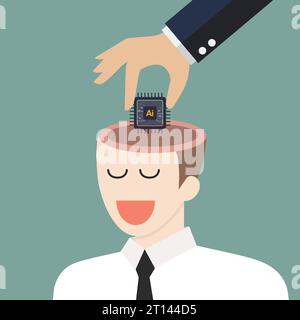 Someone hand put AI processing chip into human brain. machine learning and cyber mind domination concept. vector illustration. Stock Vector