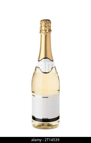 Champagne bottle with blank label isolated on white background. Stock Photo