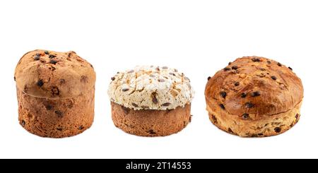 Panettone, traditional italian christmas cake variety on white background. Stock Photo