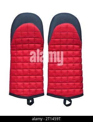 Red fabric quilted oven mitts with silicone inserts isolated Stock Photo