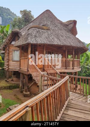 Wooden lodge with veranda and stairs seen in Uganda, africa Stock Photo