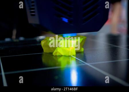 3D printer. 3D printing. 3d printer printing process close-up. 3D printer creating object from molten plastic. Modern three-dimensional printing technologies. Innovation additive robotic technology Stock Photo
