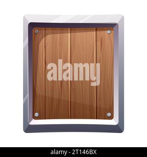 Steel frame with wooden board, panel textured in cartoon style isolated on white backgraund. Game menu metal, silver plate, ui . Vector illustration Stock Vector