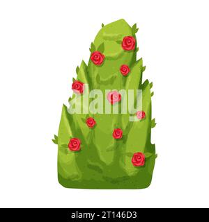 Hedge green bush with red flowers forest or backyard plant with leaves in cartoon style isolated on white ackground. Game decoration, clip art. Vector illustration Stock Vector