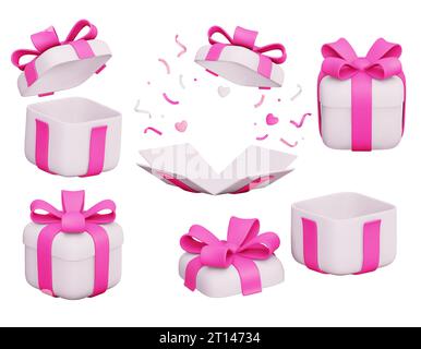 Set of 3d vector gift boxes, open and closed with pink ribbon bow. Flying holiday surprise box with poppers and hearts. Festive presents. For advertis Stock Vector