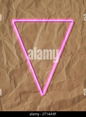 Creative fluorescent color layout made of pink neon triangle frame on brown crumpled paper texture background. Flat lay neon colors. Minimal border. Stock Photo