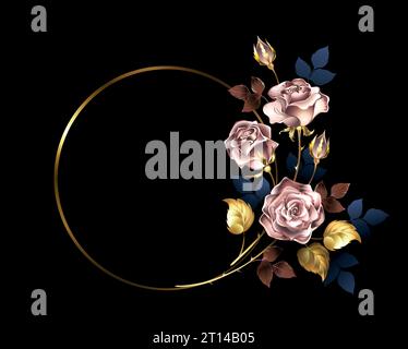 Round gold frame with artistically painted, shiny, jewelry roses made of pink gold decorated with blue leaves on black background. Pink gold rose. Stock Vector