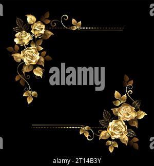 Rectangular composition of artistically drawn, jewelry, precious, sparkling gold roses. Golden Rose. Stock Vector