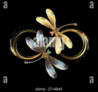 Infinity, painted in gold paint, adorned with two jeweled, gold dragonflies with sparkling, detailed wings on black background. Gold dragonfly. Stock Vector