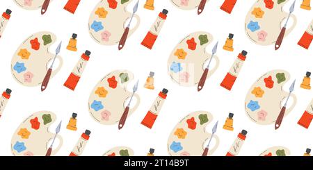 Seamless pattern with Palette, paints and brushes Stock Vector