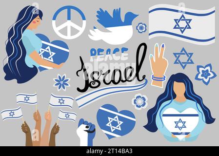 Israel icon set with flag, star of david. Pray for Israel collection flat style. Design for humanity, peace, donations, charity and anti-war. Vector Stock Vector
