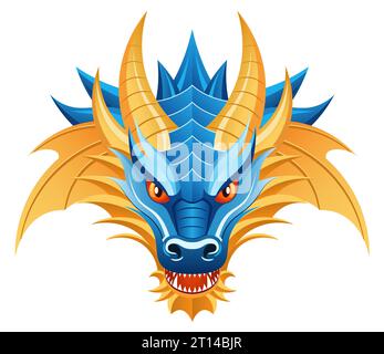 Vector illustration of dragons head in blue and yellow colors. Isolated dragon on white background, symbol of the year 2024. Stock Vector