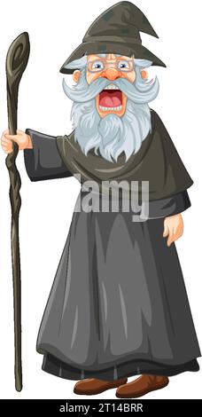 An angry old man wearing wizard clothing with a beard and mustache, holding a wizard wand Stock Vector
