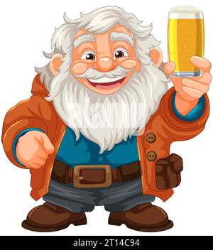 A lively cartoon character with a white beard and mustache holding a glass of beer Stock Vector