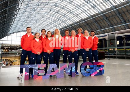 Back row, left to right, Michael Beckett, John Gimson, Saskia Tidey, Fynn Sterritt, Sam Sills, James Peters. Front row, left to right, Freya Black, Anna Burnet, Emma Wilson and Ellie Aldridge during the Team GB Paris 2024 sailing team announcement at St. Pancras International, London. Picture date: Wednesday October 11, 2023. Stock Photo