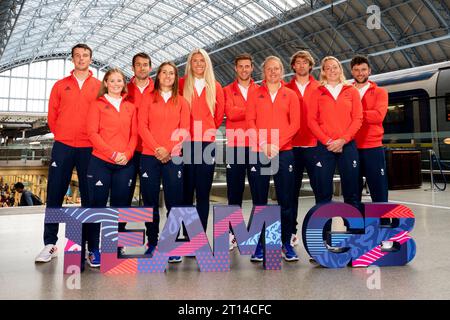 Back row L/R Michael Beckett, John Gimson, Saskia Tidey, Fynn Sterritt, Sam Sills, James Peters Front Row L/R Freya Black, Anna Burnet, Emma Wilson and Ellie Aldridge during the Team GB Paris 2024 sailing team announcement at St. Pancras International, London. Picture date: Wednesday October 11, 2023. Stock Photo