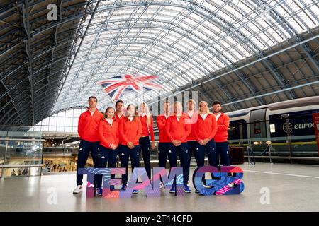 Back row, left to right, Michael Beckett, John Gimson, Saskia Tidey, Fynn Sterritt, Sam Sills, James Peters. Front row, left to right, Freya Black, Anna Burnet, Emma Wilson and Ellie Aldridge during the Team GB Paris 2024 sailing team announcement at St. Pancras International, London. Picture date: Wednesday October 11, 2023. Stock Photo