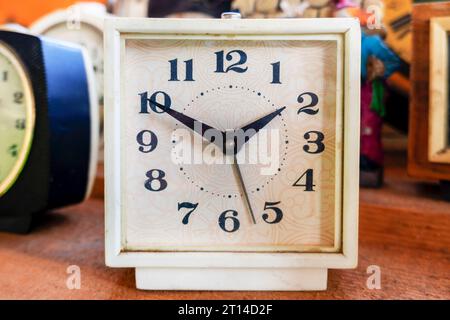 black and white clock, alarm clock,Old Vintage antique clock, Retro styled clock, time concept. Close-up Stock Photo
