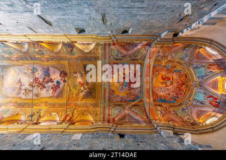 Central nave covered by frescos. Albenga Cathedral.  Cathedral of St Michael Archangel in medieval historical center of Albenga, Italy. Stock Photo