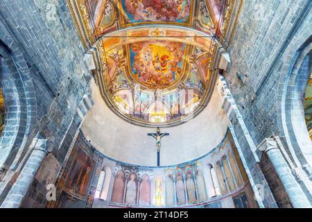 Painted presbytery ceiling and partly recovered frescos on medieval apse. Albenga Cathedral. Cathedral of St Michael Archangel. Italy. Stock Photo