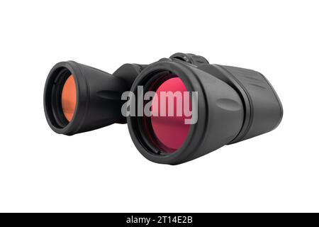 Black modern binoculars isolated on white background. Stock Photo