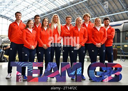 London. United Kingdom. 11 October 2023. TeamGB athlete announcement, sailing. St Pancras Station. London. (l to r) Michael Beckett - Men's Dinghy (ILCA 7), Freya Black - Women's Skiff (49erFX), John Gimson - Mixed Multihull (Nacra 17), Anna Burnet - Mixed Multihull (Nacra 17), Saskia Tidey - Women's Skiff (49erFX), Fynn Sterritt - Men's Skiff (49er), Emma Wilson - Women's Windsurfing (iQFOiL), Sam Sills - Men's Windsurfing (iQFOiL), Ellie Aldridge - Women's Kite (Formula Kite) and James Peters - Men's Skiff (49er) during the announcement of the Sailing team to represent TeamGB at the Paris 20 Stock Photo