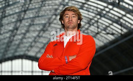 London, United Kingdom. 11th Oct, 2023. TeamGB athlete announcement, sailing. St Pancras Station. London. Sam Sills - Men's Windsurfing (iQFOiL) during the announcement of the Sailing team to represent TeamGB at the Paris 2024 Olympics. Credit: Sport In Pictures/Alamy Live News Stock Photo