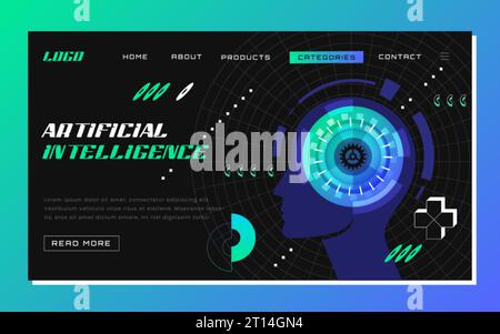 Futuristic artificial intelligence in data analysis concept. Machine learning landing page. Web banner design with ai cyber face profile. Website template of digital innovation and ai technology. Stock Vector