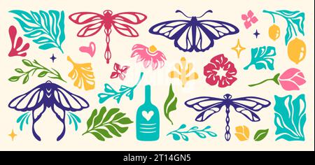 Minimal floral naive art prints, matisse curves aestethic. Set of color abstract organic shapes, groovy flowers. Botanic vector elements in trendy retro style, illustration of leaves and butterflies. Stock Vector
