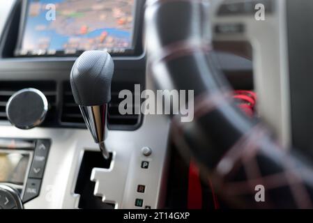 A car gear stick or transmission lever is set to parking mode. Stock Photo
