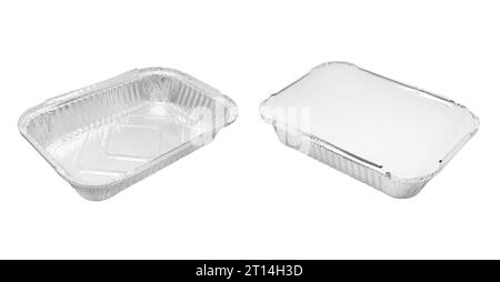 Foil baking dish closeup isolated on a white background. Empty disposable square aluminium foil baking dish isolated on white Stock Photo