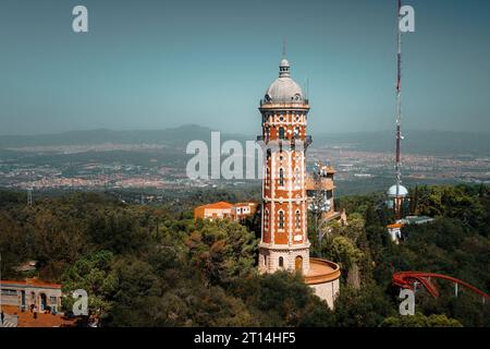 Tower Torre de les Aigues de Dos Rius on Tibidabo hill in Barcelona Stock Photo