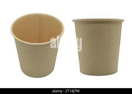 Side view yellow empty disposable paper fast food cup isolated on white. Stock Photo