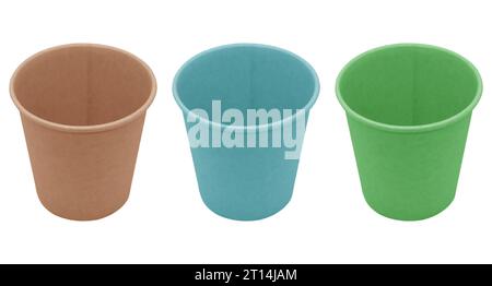 Side view three empty disposable paper fast food cup isolated on white. Stock Photo