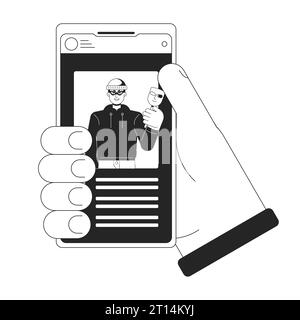 Holding smartphone bw concept vector spot illustration Stock Vector