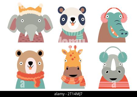 Wildlife animals with winter costume . Flat design . White isolate background . Set 4 of 4 . Vector . Stock Vector